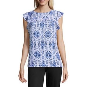 Worthington Blue and White Ruffle Tank Shirt